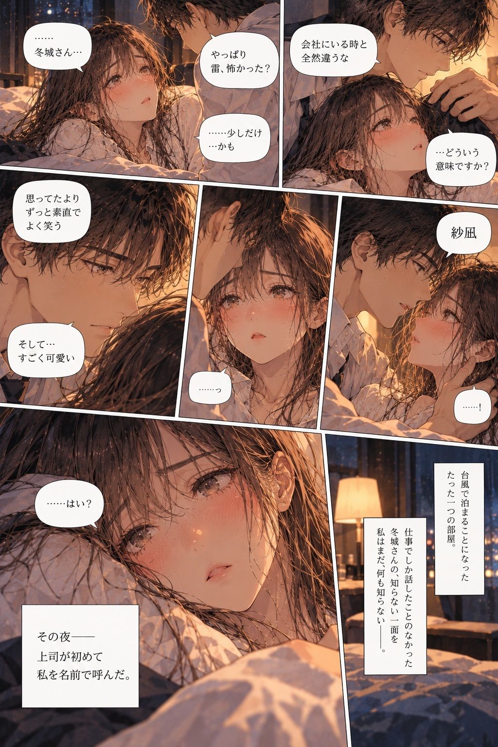 台風で帰れなくなった彼女が、会社の上司とホテルの同じ部屋に泊まることになった。