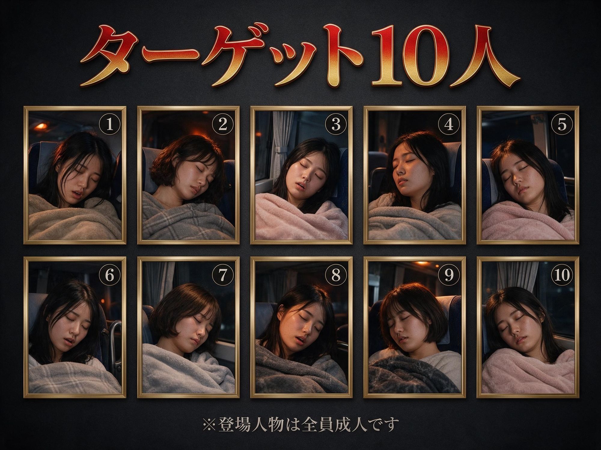 夜行バス中出し痴● 乳首つまみ×尻揉み×生挿入×大量中出し 〜消灯後の車内で10人の巨乳美女を●す〜