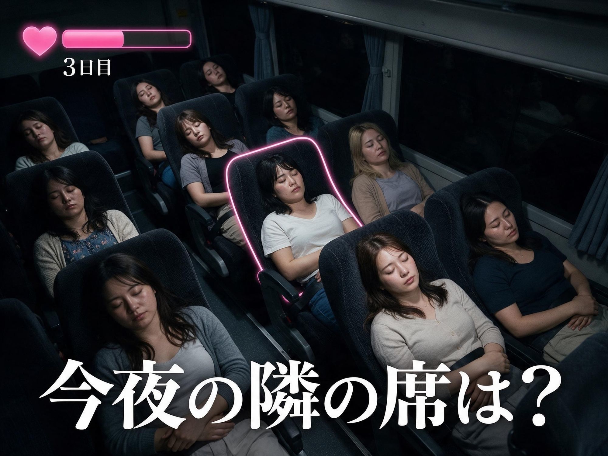 夜行バス中出し痴● 乳首つまみ×尻揉み×生挿入×大量中出し 〜消灯後の車内で10人の巨乳美女を●す〜